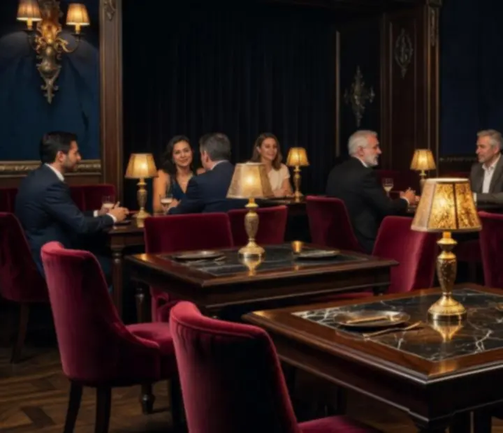 Comedor de gastro-club con maderas oscuras, mármol negro y luz de lámparas cálidas.