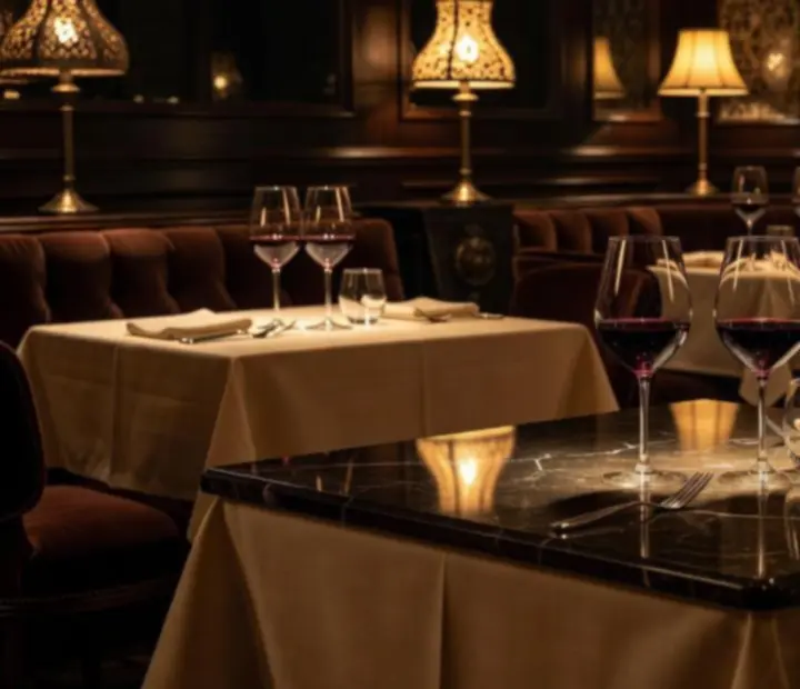 Ambiente de restaurante oscuro con mármol negro, madera y luz cálida en Manosytenedor.