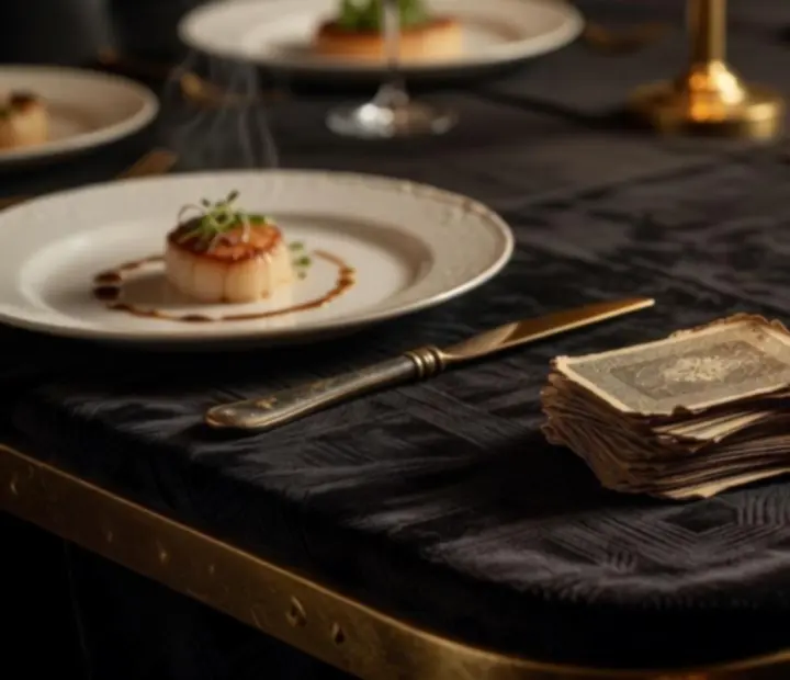 Detalles de cartas y fichas decorativas sobre mesa de mármol negro con luz cálida.
