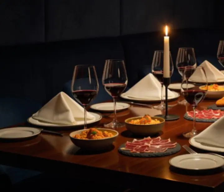 Cena privada de grupo en un salón elegante con luz tenue en Manosytenedor.
