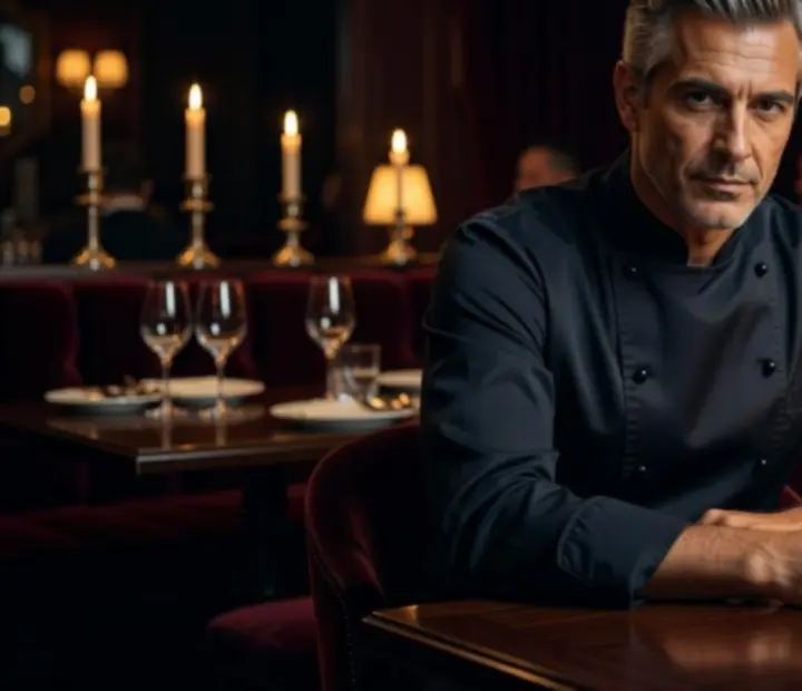 Chef ejecutivo de Manosytenedor en la cocina del gastro-club, iluminado por luz cálida nocturna.
