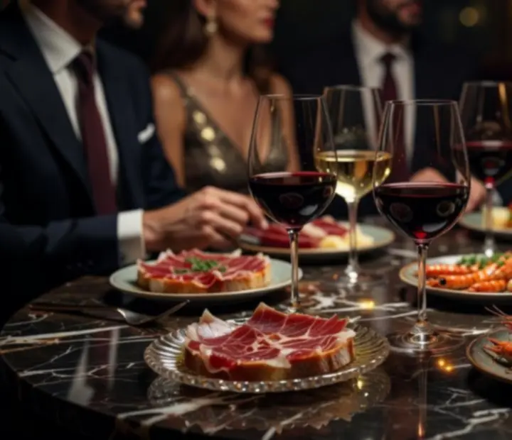 Grupo disfrutando de una degustación de vino nocturna en un salón privado.