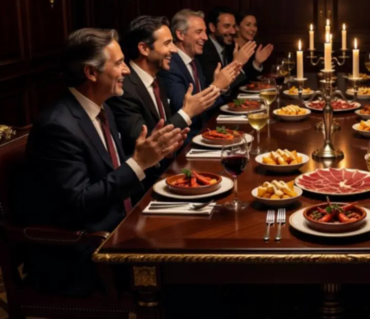 Mesa privada con cena nocturna, platos servidos y copas de vino para un supper club de grupo.