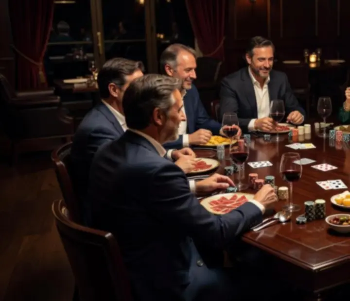 Grupo adulto disfrutando de una velada de póker social offline con fichas simbólicas y copas de vino.