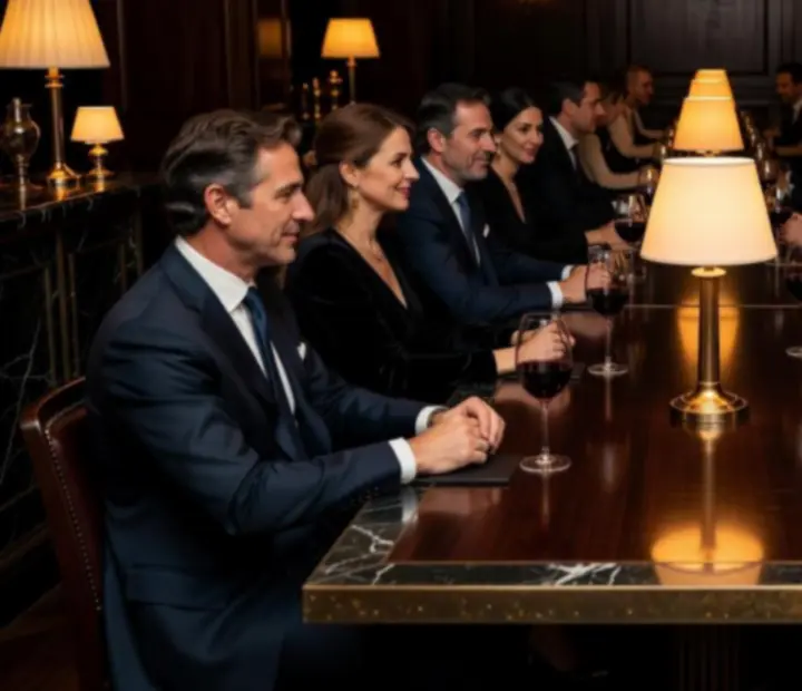 Salón privado nocturno para grupos en Manosytenedor, con lámparas cálidas y mesas vestidas.