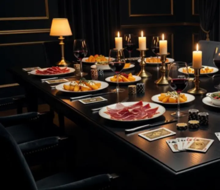 Mesa de cena nocturna con copas de vino y luz de lámpara cálida en Manosytenedor