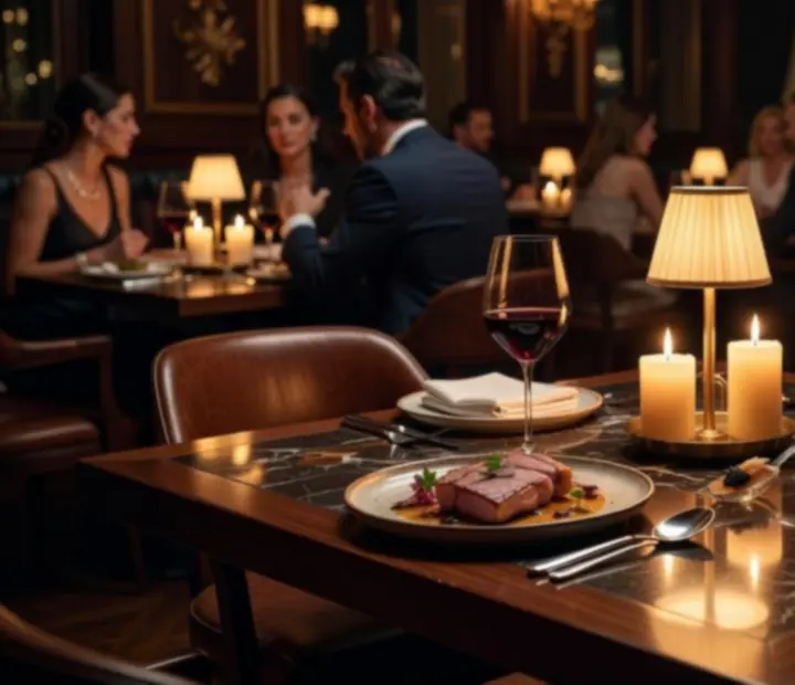Mesa de cena nocturna en Manosytenedor con iluminación cálida, copas de vino y platos listos para compartir.