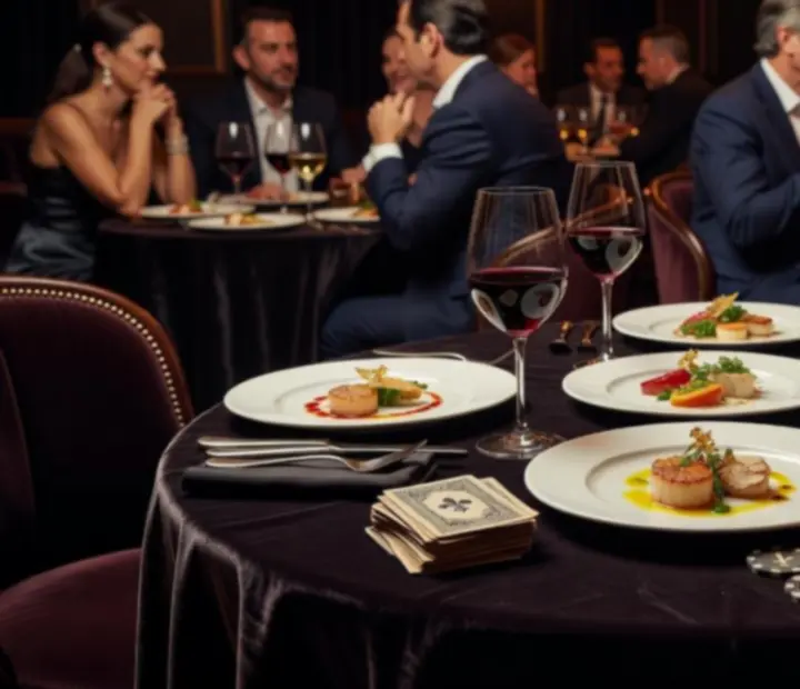 Mesa elegante con cartas, fichas simbólicas y copas de vino en Manosytenedor.