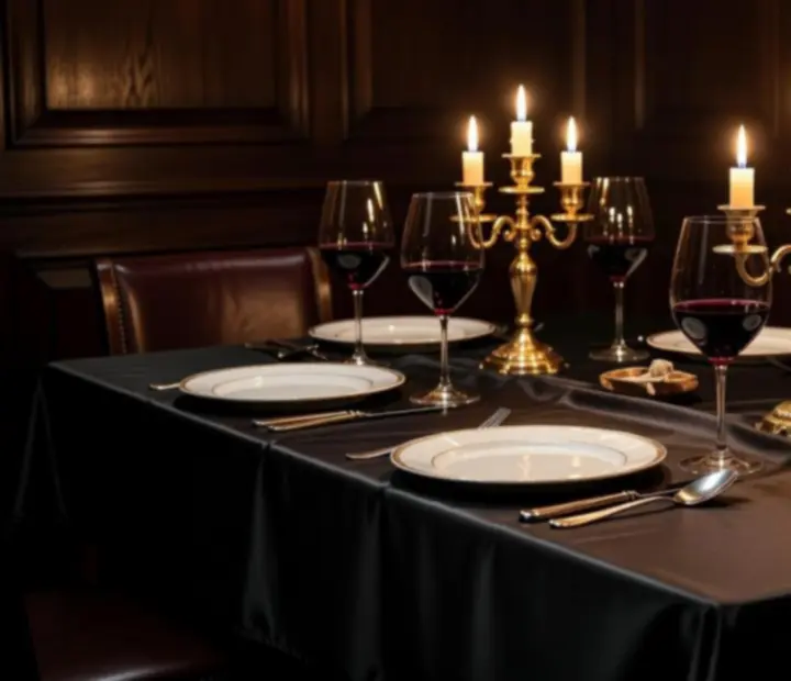Mesa reservada de noche con copas de vino y luz cálida en Manosytenedor.