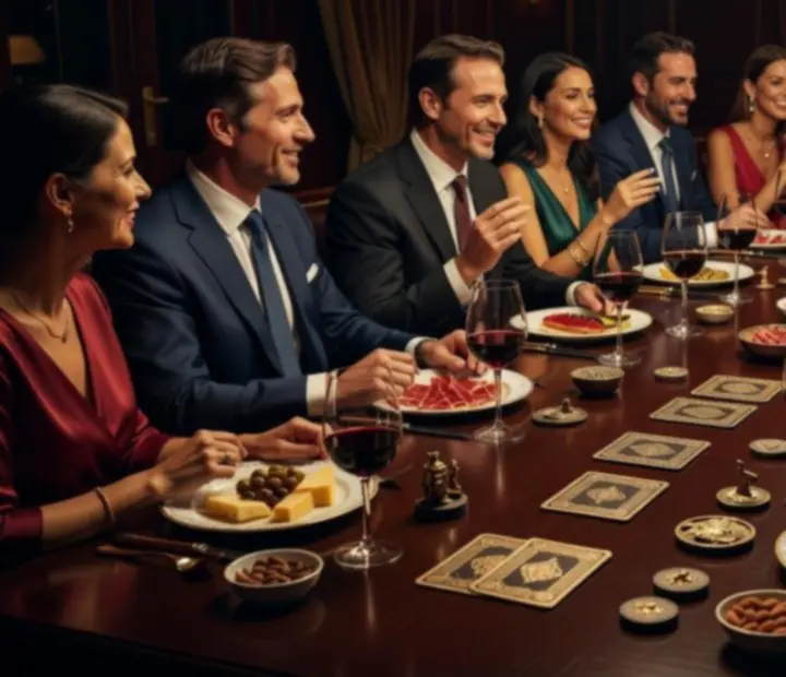 Mesa social nocturna con copas de vino, platos compartidos, cartas y fichas como decoración