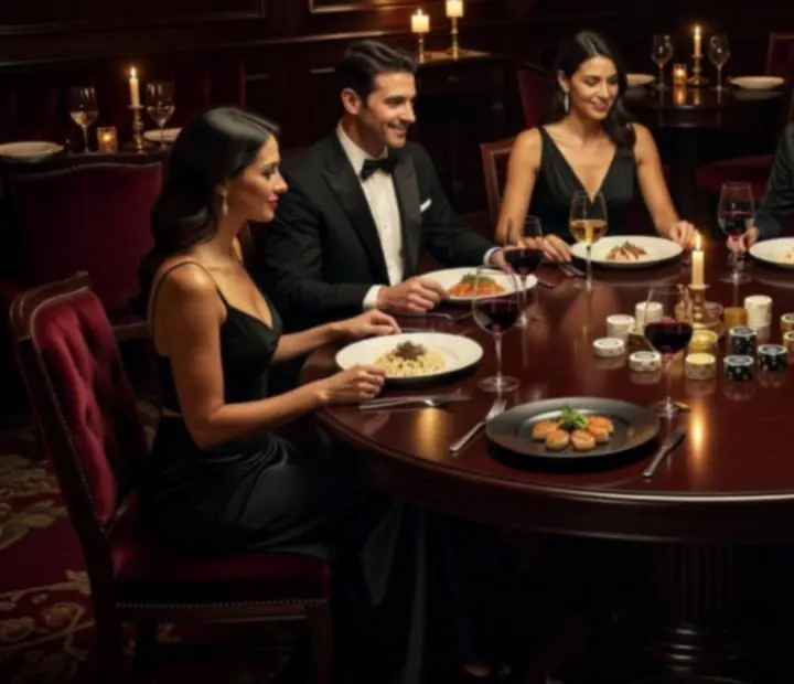 Mesa redonda en Manosytenedor con copas de vino, platos para compartir y cartas como detalle decorativo.