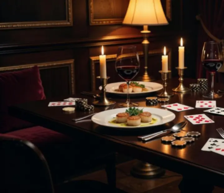 Mesa nocturna con copas de vino, platos de autor y cartas físicas bajo luz cálida.