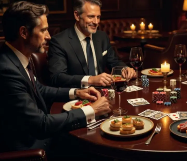 Mesa privada con cartas, fichas simbólicas, copas y tapas en un salón oscuro