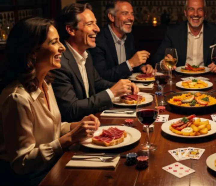 Mesa de gastro-club con cartas, chips simbólicos y platos de autor en una noche social offline.