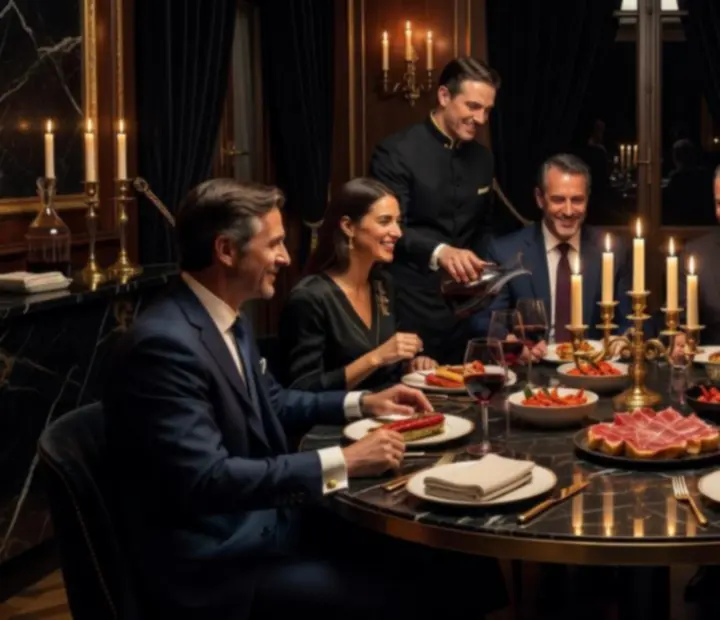 Interior del gastro-club con mesas iluminadas por velas y lámparas cálidas