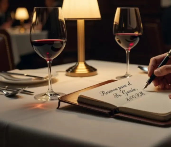 Mesa elegante con vela y copas preparada para una reserva corporativa en Manosytenedor.