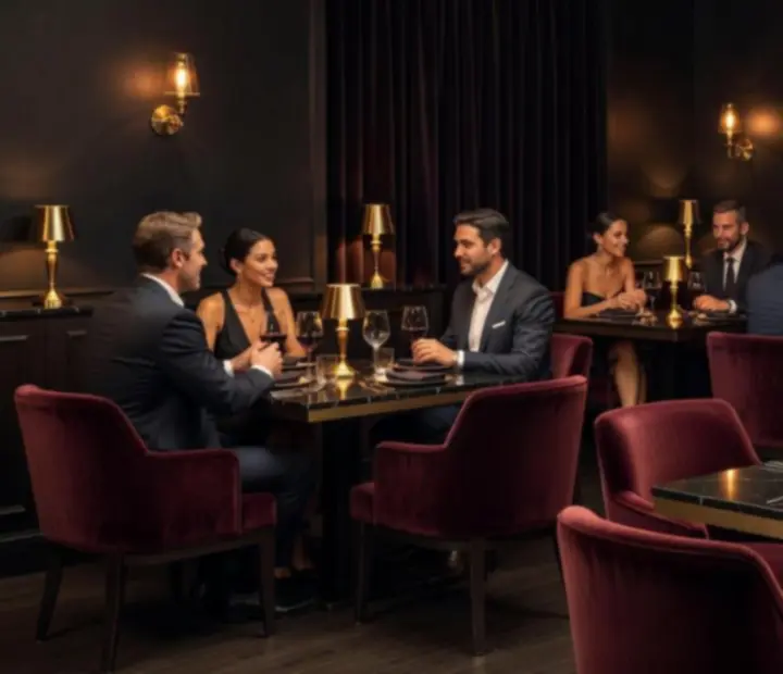 Salón privado oscuro con lámparas cálidas, mesas de madera y ambiente nocturno elegante.