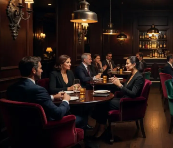 Vista nocturna de un comedor elegante con luz tenue y mesas preparadas para una velada corporativa en Manosytenedor.